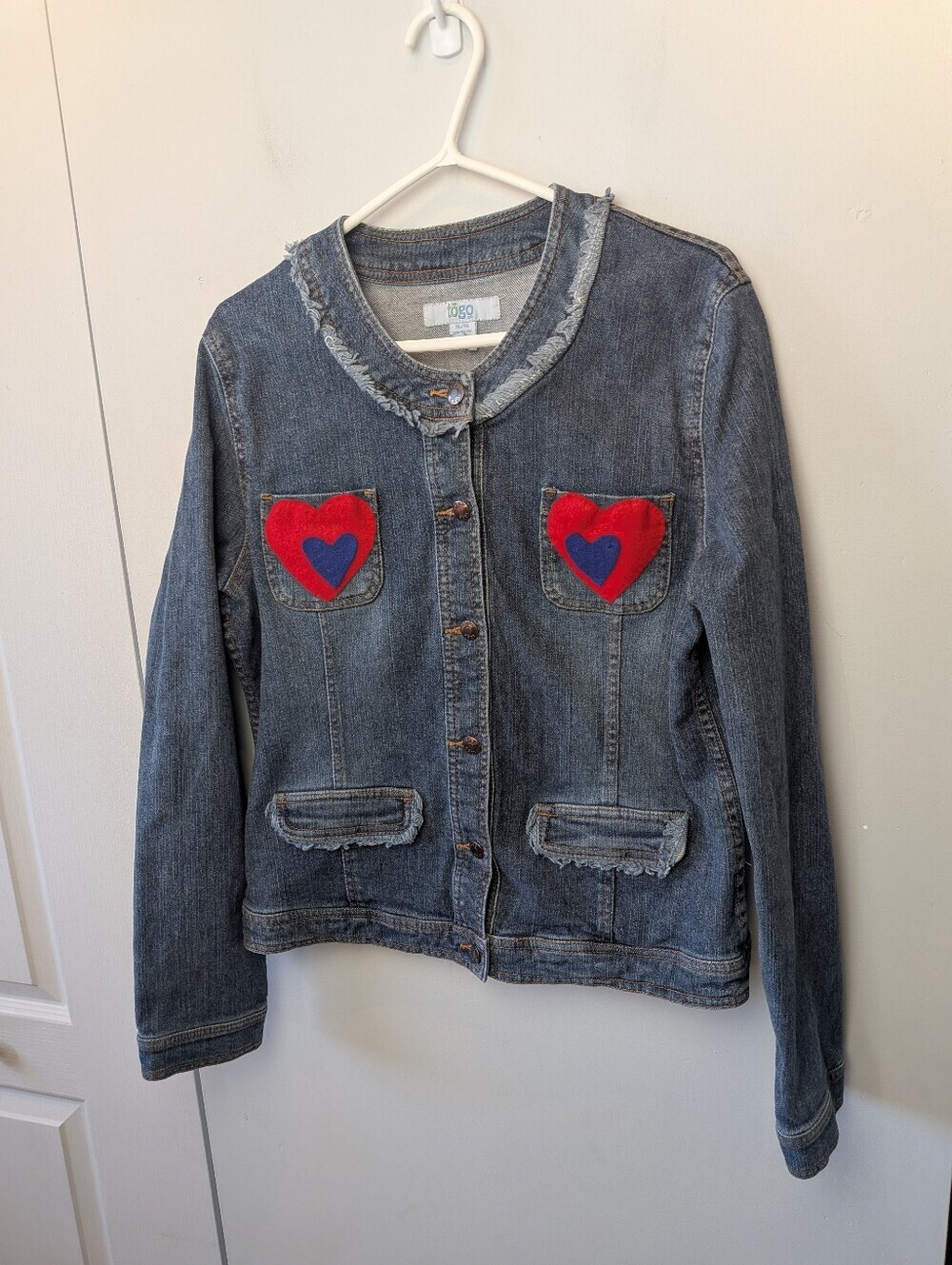 TOGO Vintage Women Jeans Jacket Size XL Round Neck Handmade Embroidery Hearts